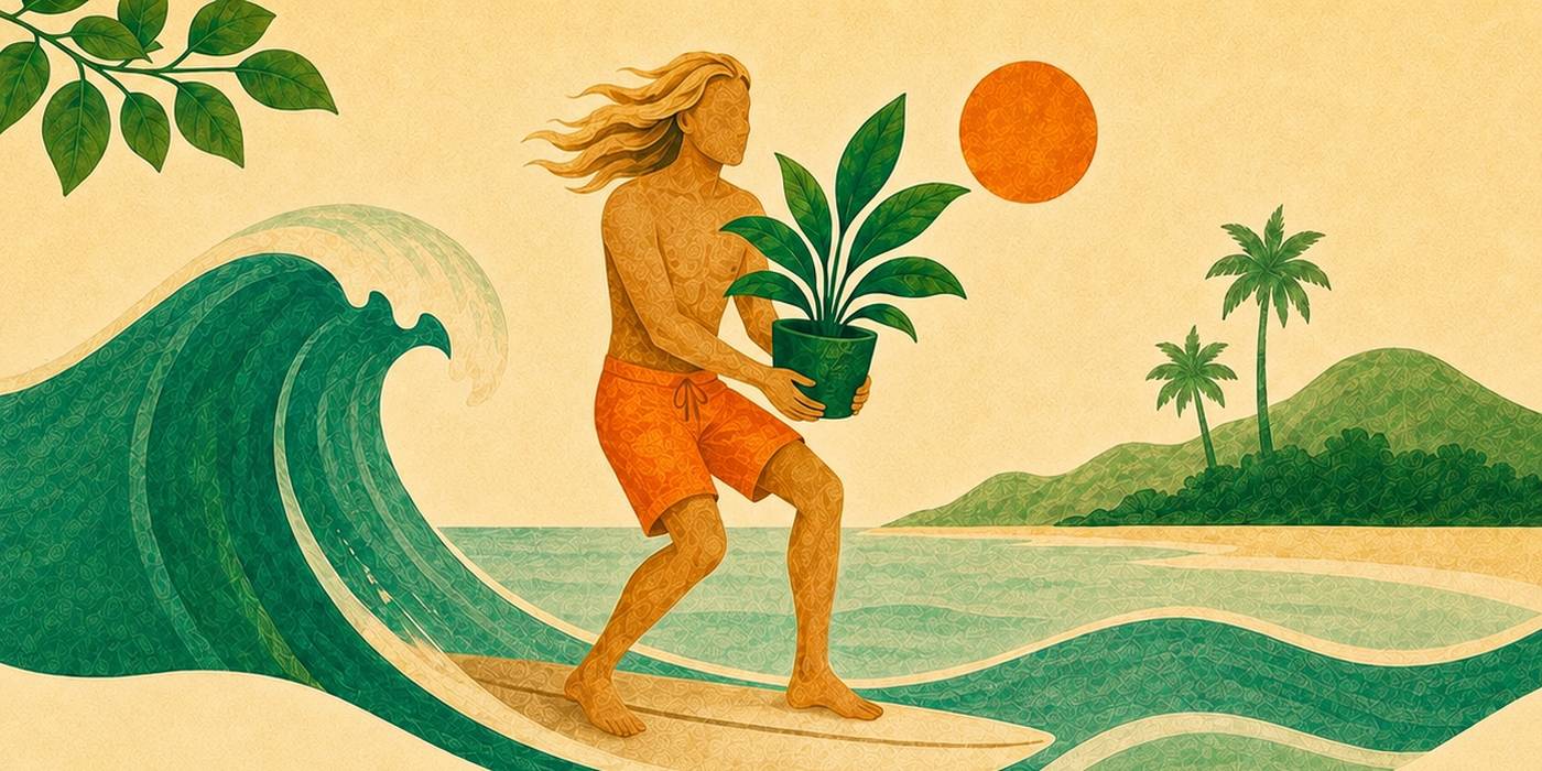 Ilustração tropical inspirada na Ilha de Santa Catarina, com surfista carregando uma planta