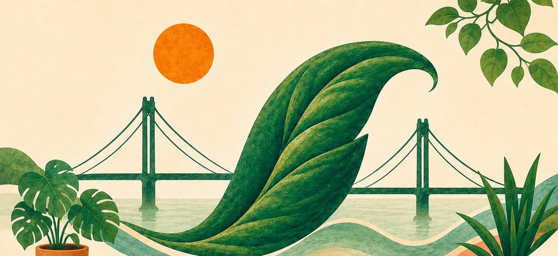 Ilustração botânica da Eh Planta com folhas e a ponte Hercílio Luz
