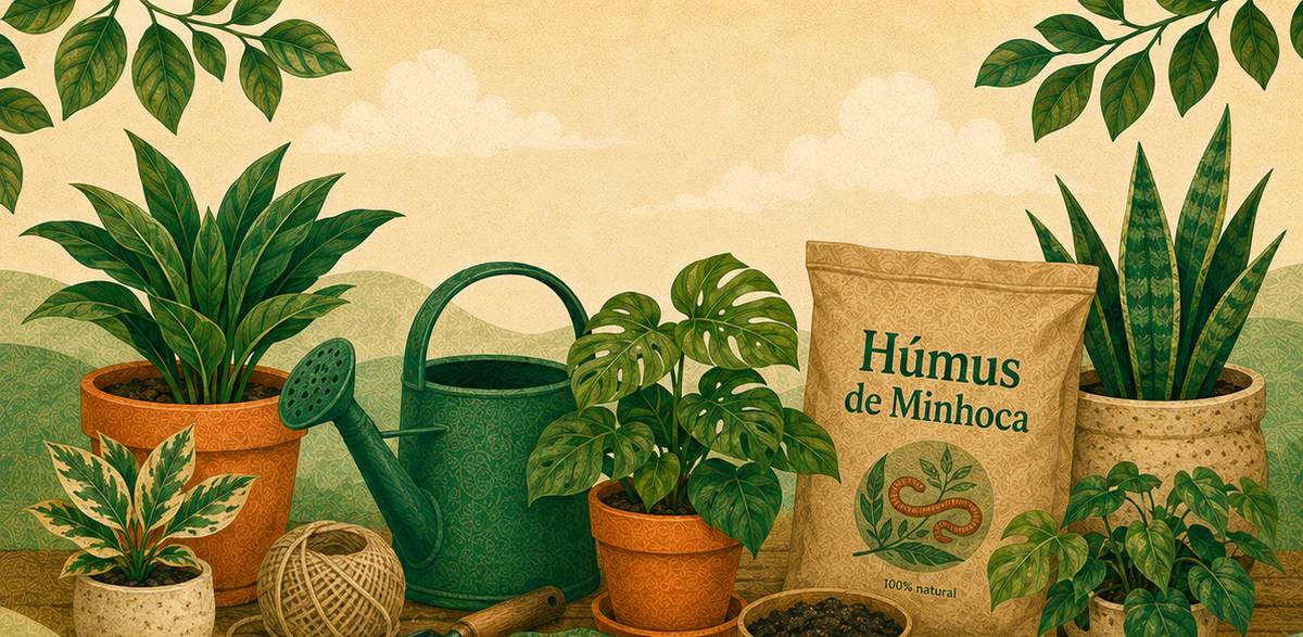 Ilustração de plantas, vasos e materiais da loja Eh Planta